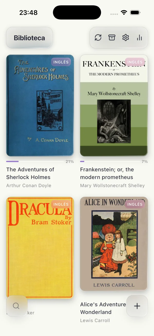 Book covers in a library grid — Frankenstein, The Adventures of Sherlock Holmes, Dracula, Alice in Wonderland