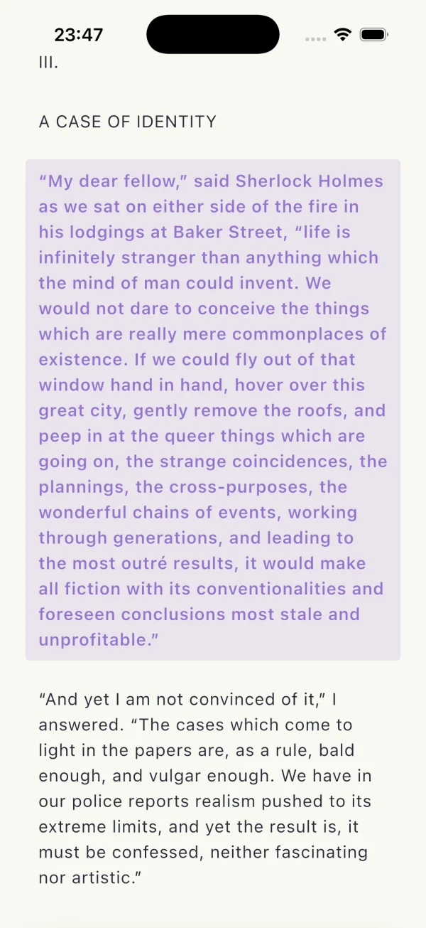 An open ebook with the current paragraph highlighted in purple